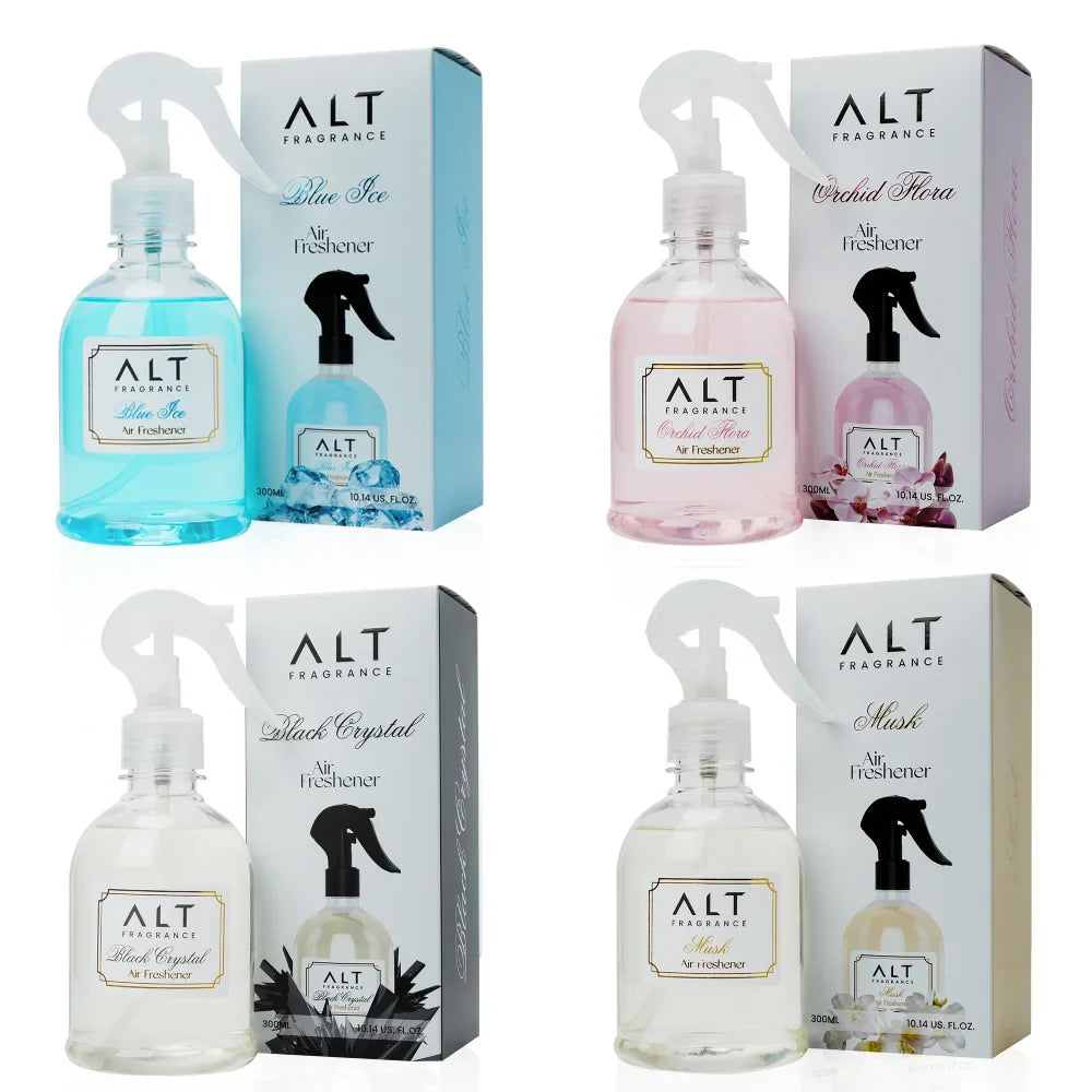 (Pack of 4) Blue Ice, Orchid Flora, Black Crystal & Musk - Air fresheners (300 ML x 4)