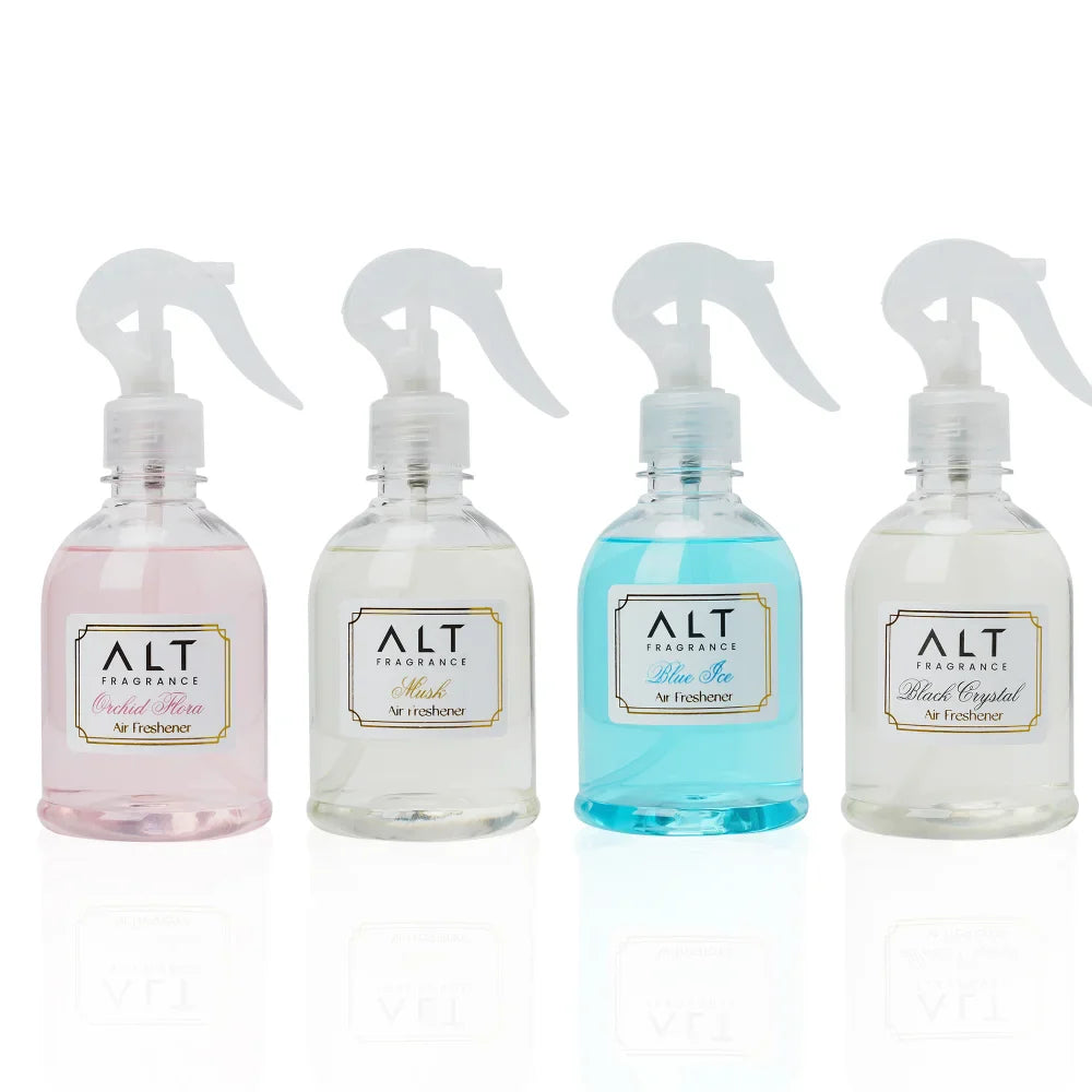 (Pack of 4) Blue Ice, Orchid Flora, Black Crystal & Musk - Air fresheners (300 ML x 4)